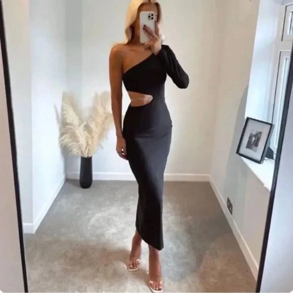 ZARA Black Asymmetric Embellished Cut Out Chain One Shoulder Dress 2712/345